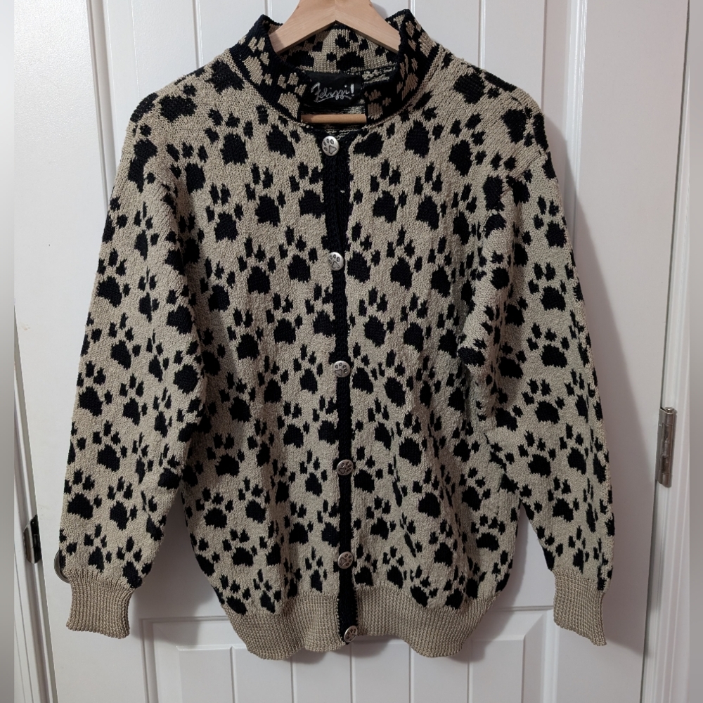 Vintage Felizzi Knit Paw Print Cardigan Cream/Black Large